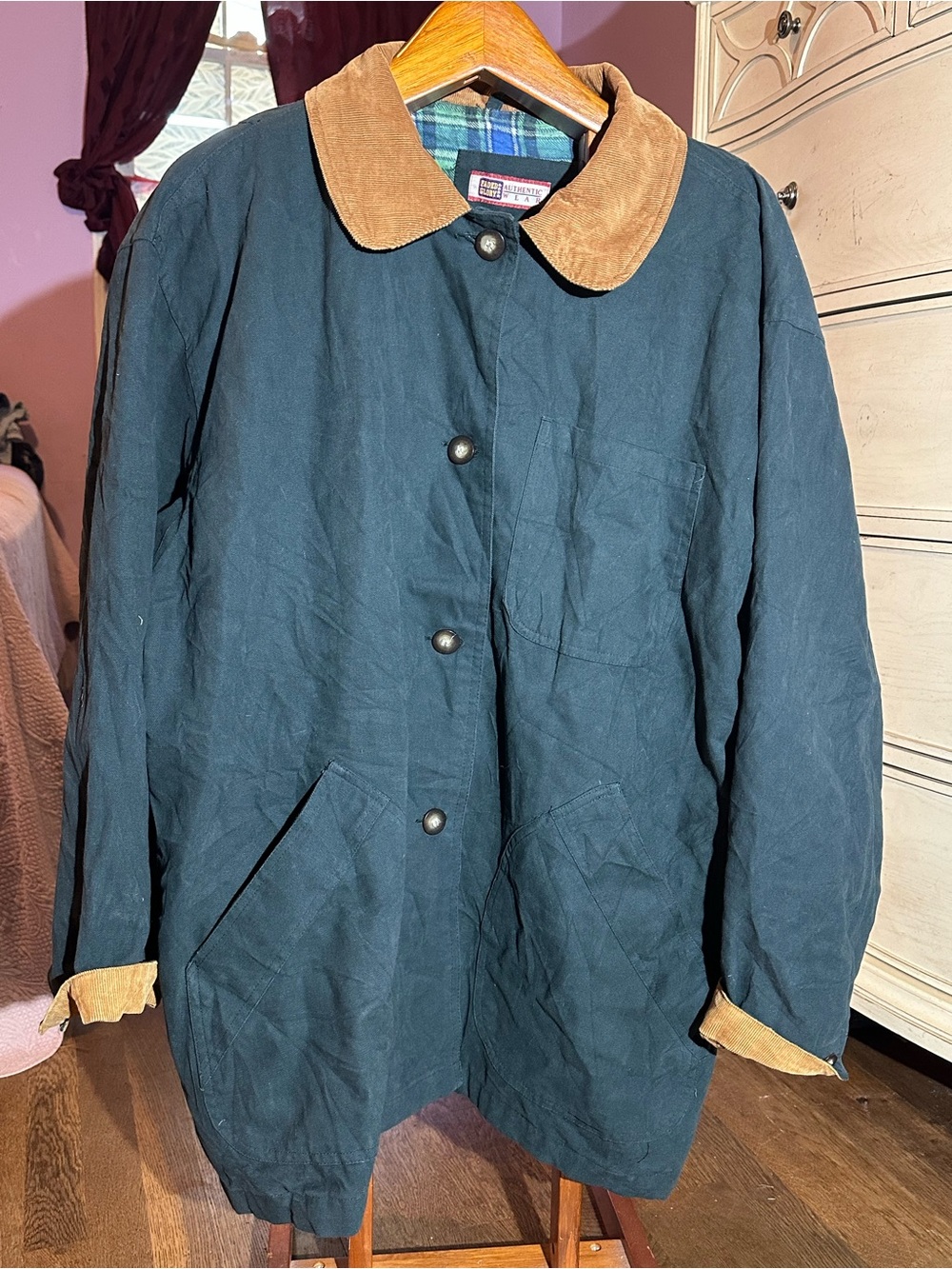Faded Glory Green Trench Coat with Tan Corduroy Collar